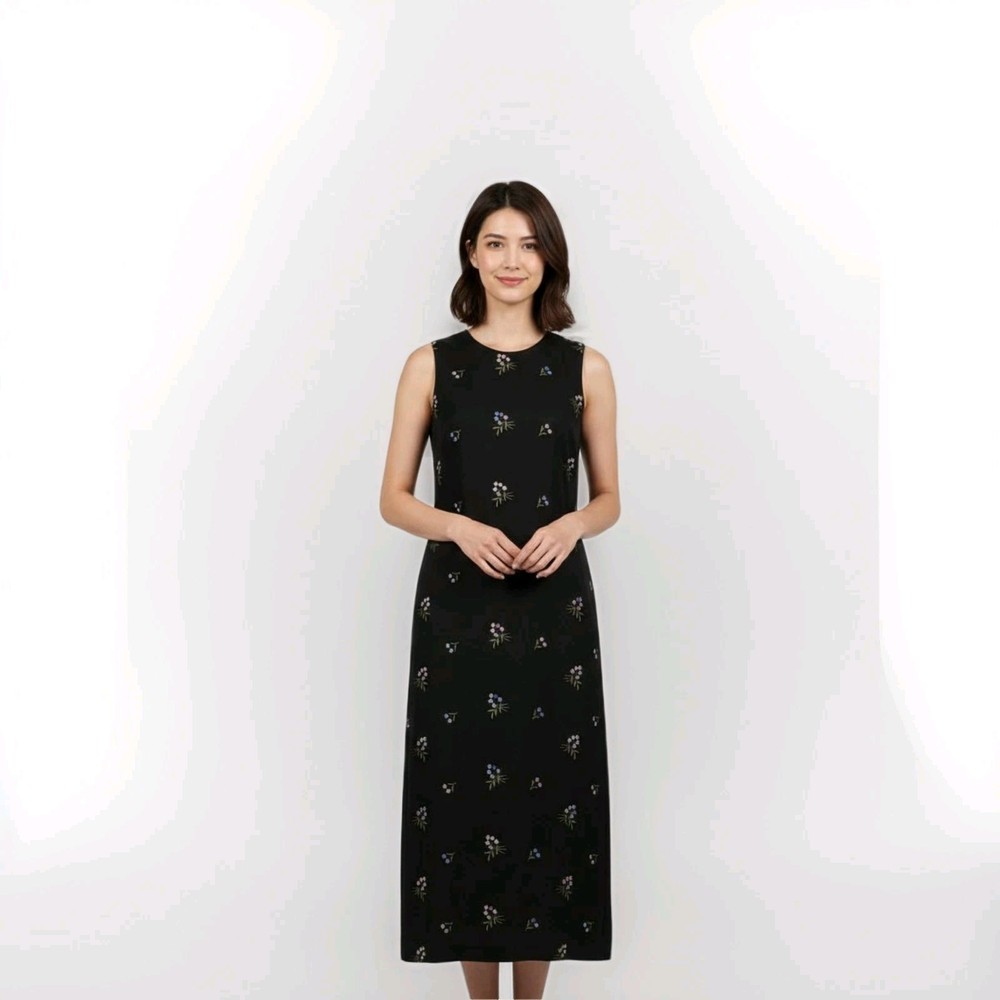 Talbots Irish Linen Black Maxi Dress Sz 6  Floral Embroidery Modest Cottagecore
