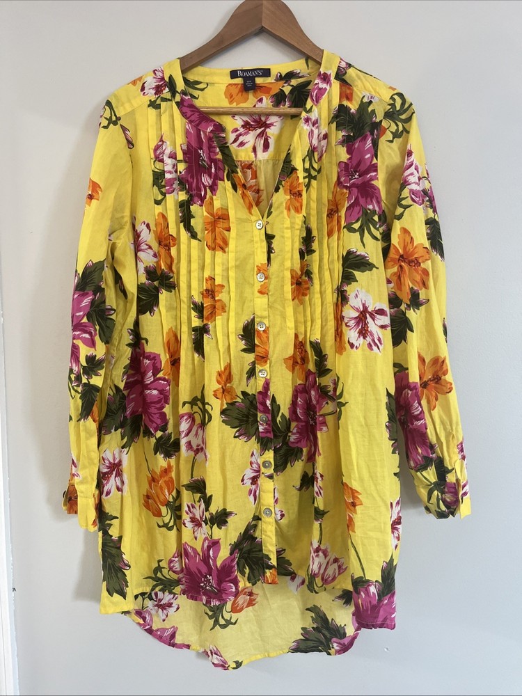 Roaman's Blouse Women's 14W Top Shirt long Tab Sleeves Floral Tropical yellow