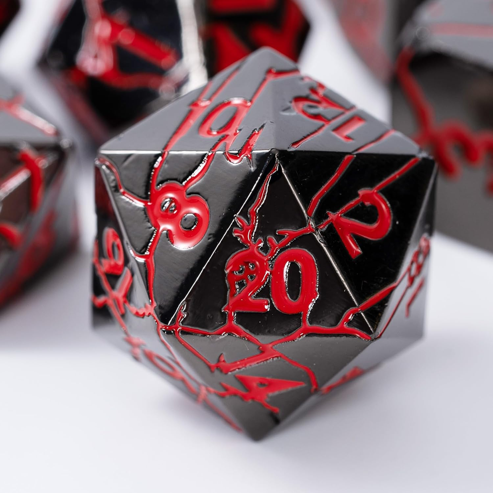DND Metal Dice - Dark Abyss Metal Dice with Red Cracks - Polyhedral Dice Set for