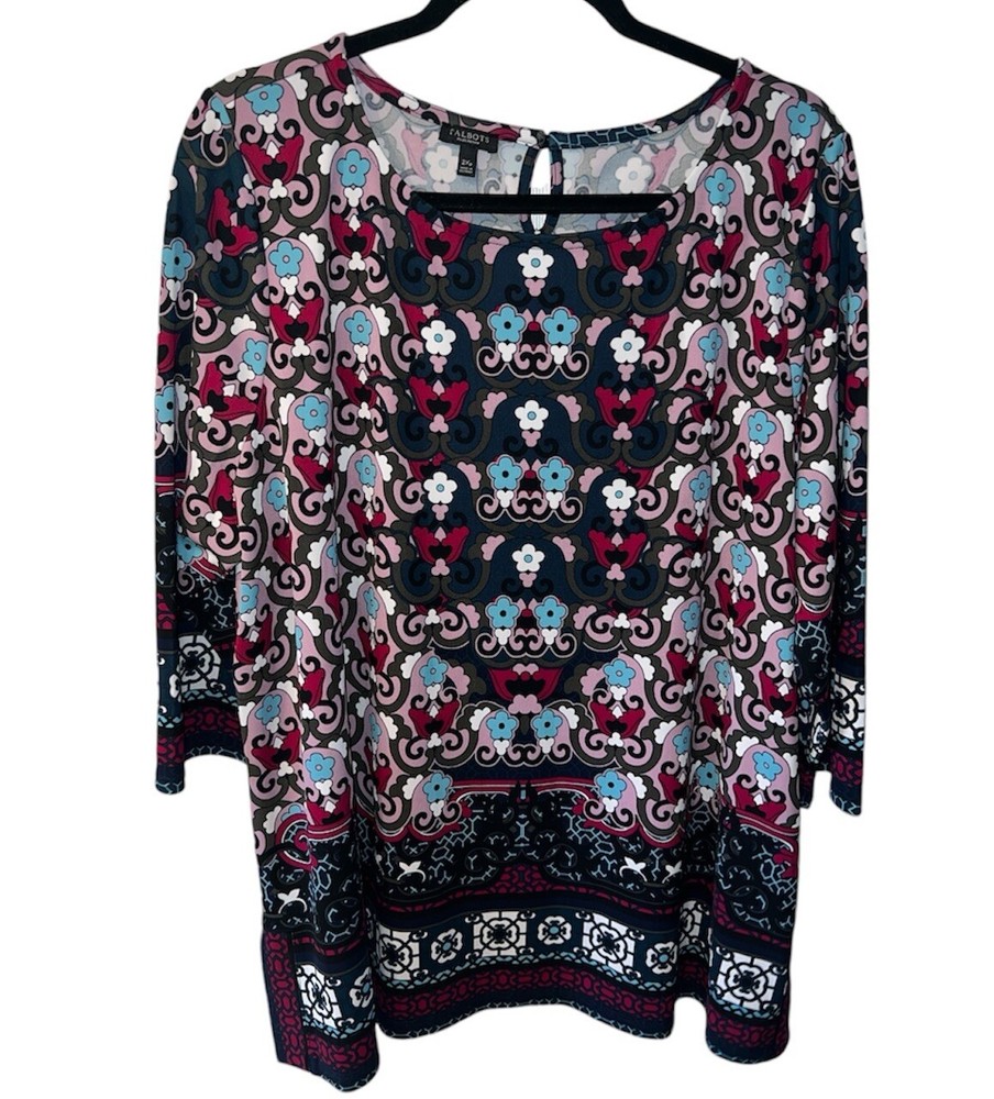 TALBOTS DRESS PLUS PETITE 2XP JERSEY KNIT SCROLL PAISLEY SHIFT PULLOVER