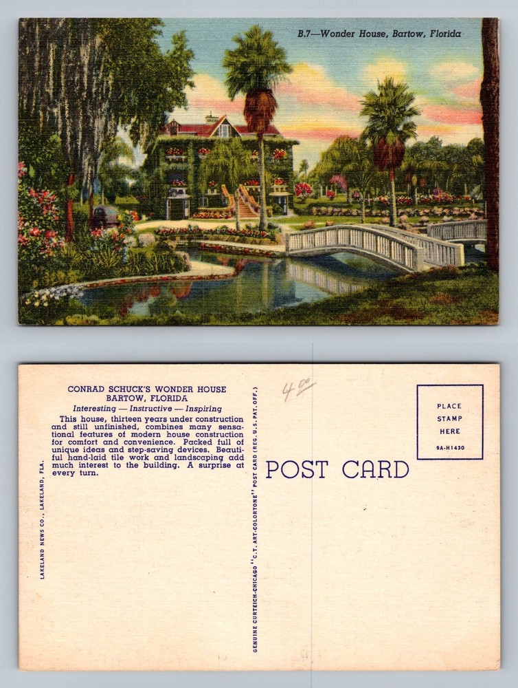 Bartow, FL-Florida, Wonder House Garden Bridge Scene Vintage Postcard