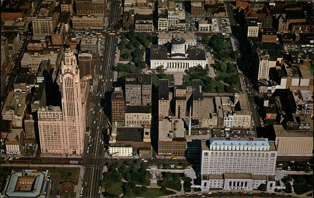 Downtown Columbus Ohio Civic Center & Capitol aerial  1950s-60s vintage postcard