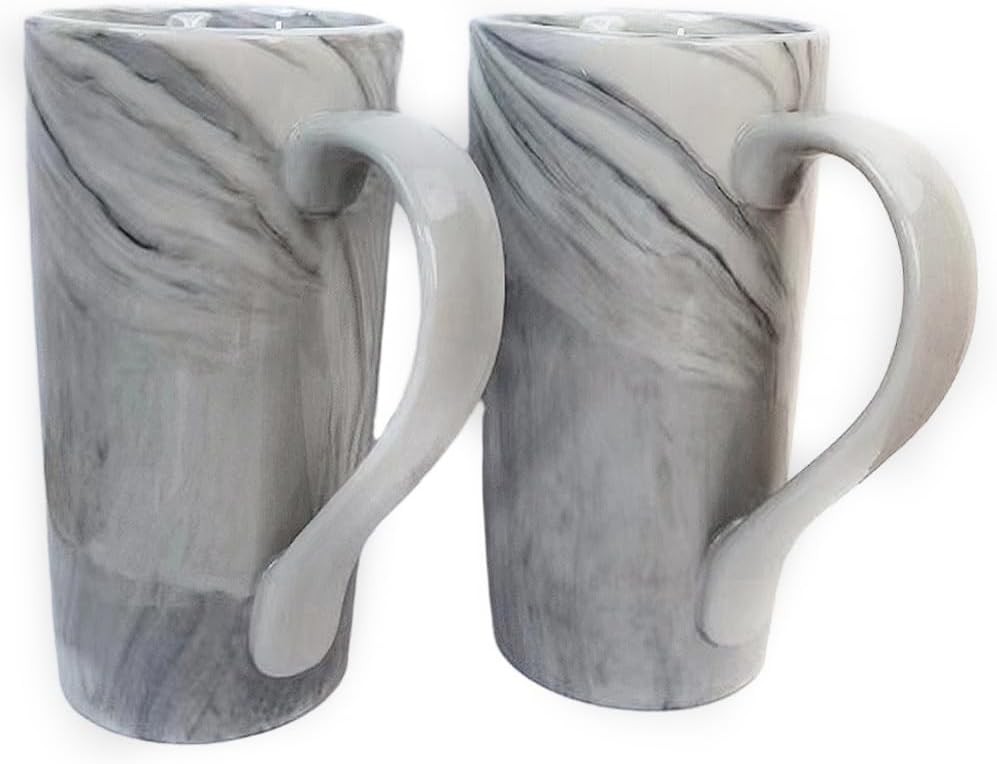 20 OZ Large Coffee Mugs, Grey Marble Ceramic Tall Beer Cups with Handle Set of 2