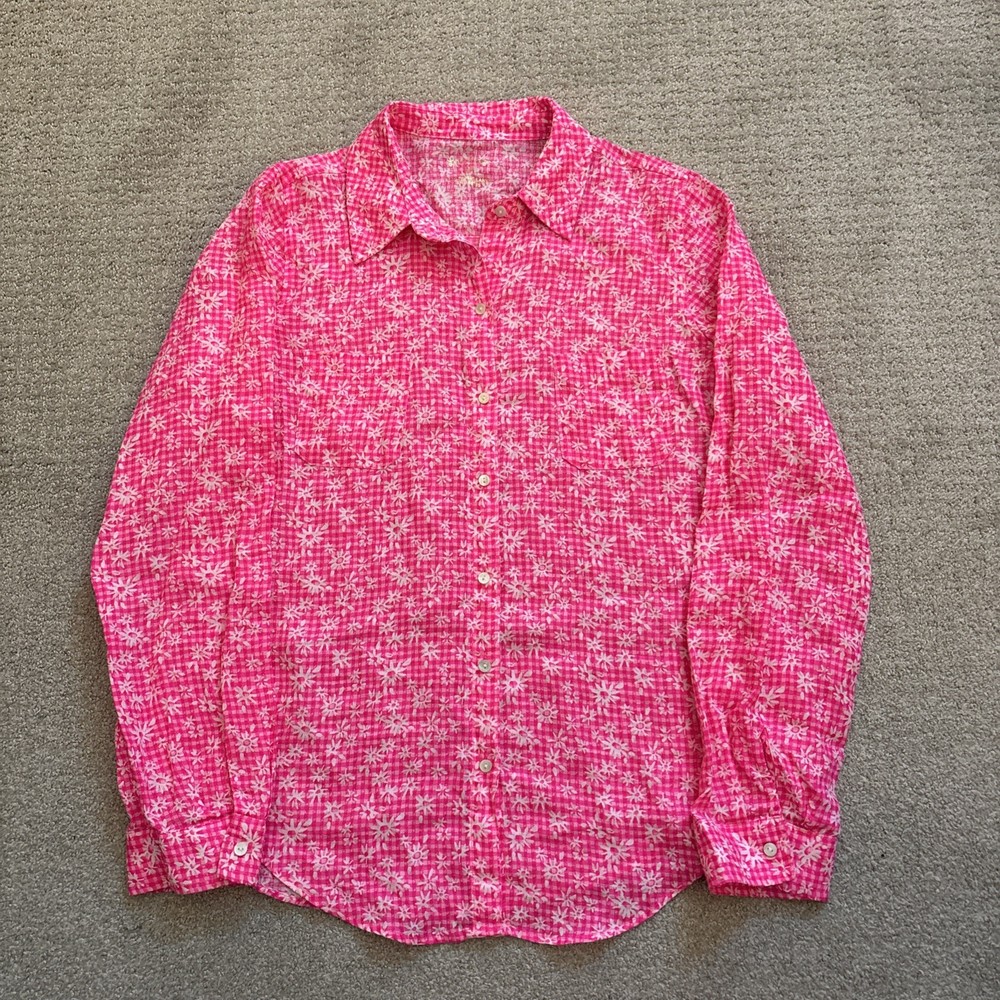 Lilly Pulitzer Sea View Linen Button Down Shirt in Pink Floral Size Medium