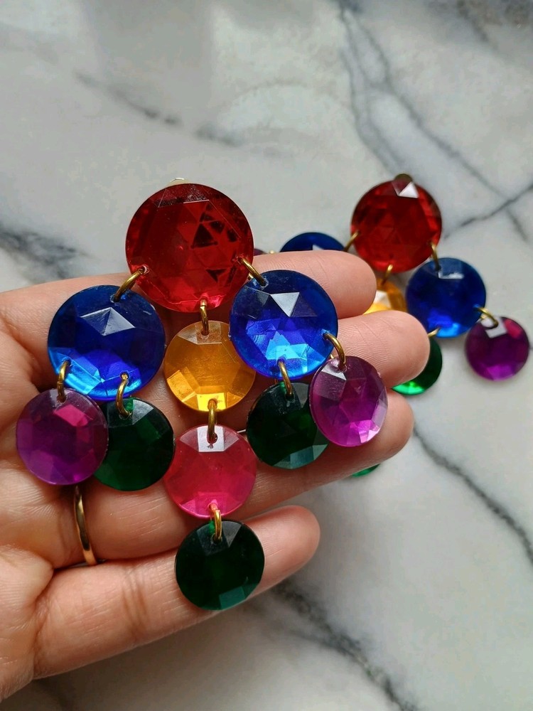 VINTAGE 80s 90s Earrings Colorful Sparkle Gem DANGLE Clip-on Wearable Art