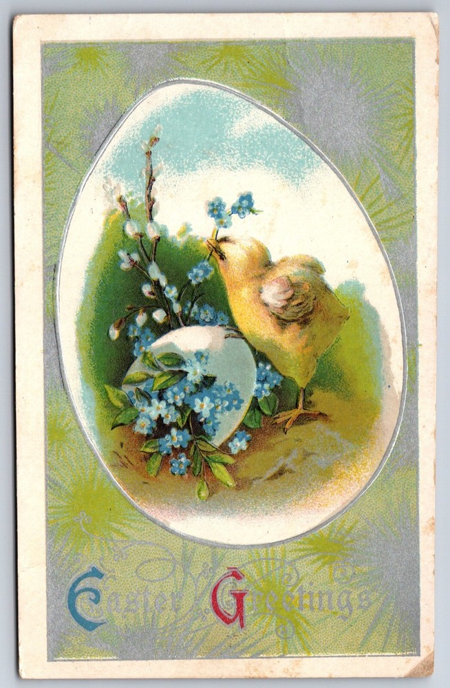 Holiday~Easter Greetings~Chick W/ Hatched Egg & Blue Flowers~Emb~Vtg Postcard