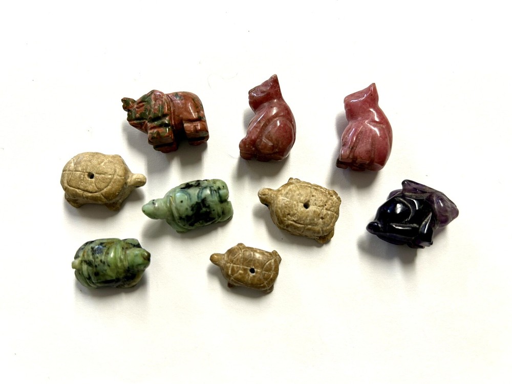 Stone Animal Shaped Beads 9 in Lot Turtles, Cats, Elephant & Bunny is Not a Bead