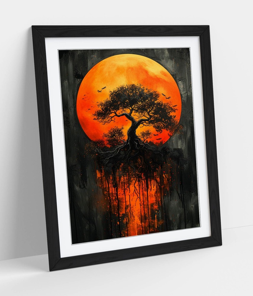 COOL BLACK TREE SILHOUETTE ORANGE MOON FRAMED WALL ART PICTURE POSTER PRINT