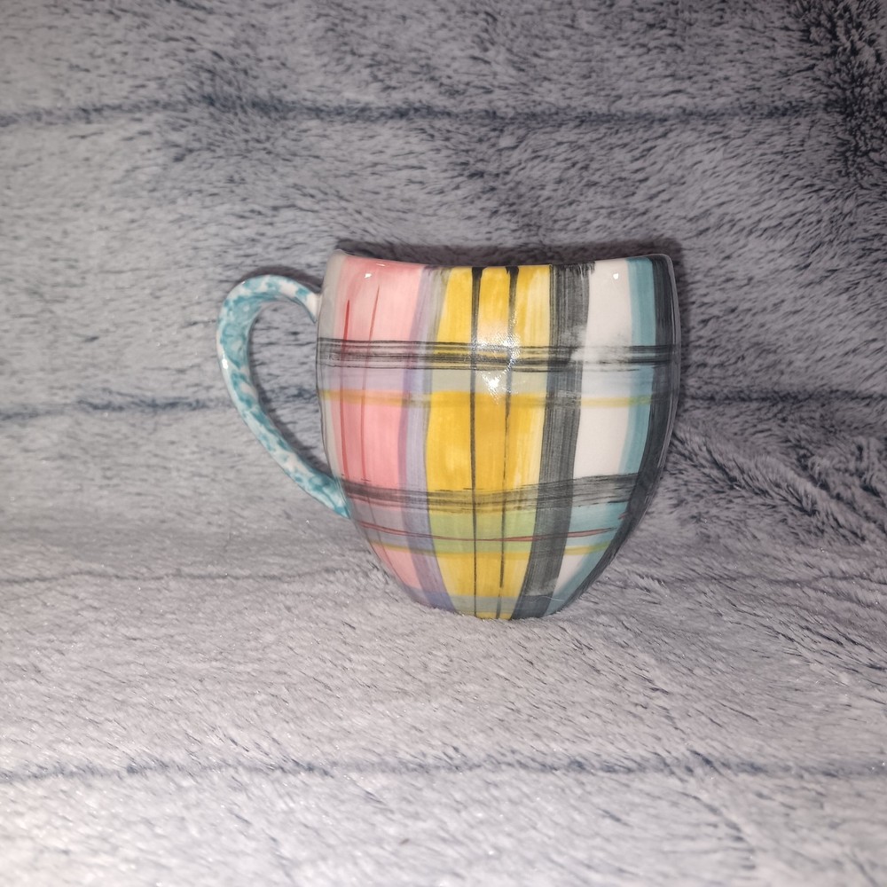 Cute Plaid Printed Coffee Mug Cup Blue Pink Yellow White
