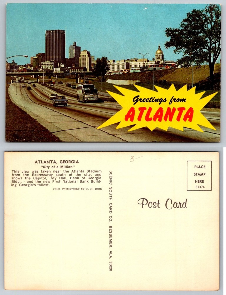 Greetings from Atlanta GA Postcard c.1960s Expressway City View Capitol