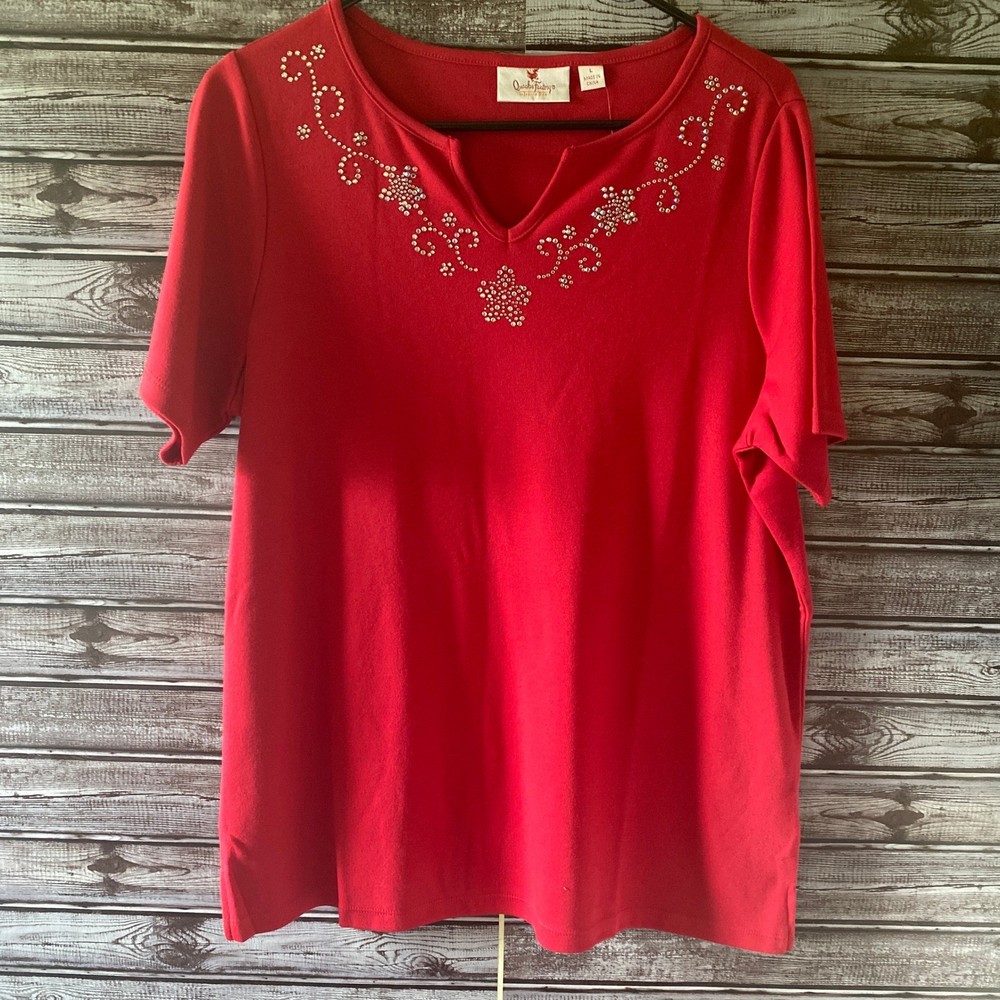 Quacker Factory Women's Short-Sleeved Top Size L Red V-Neck Embellished NWT
