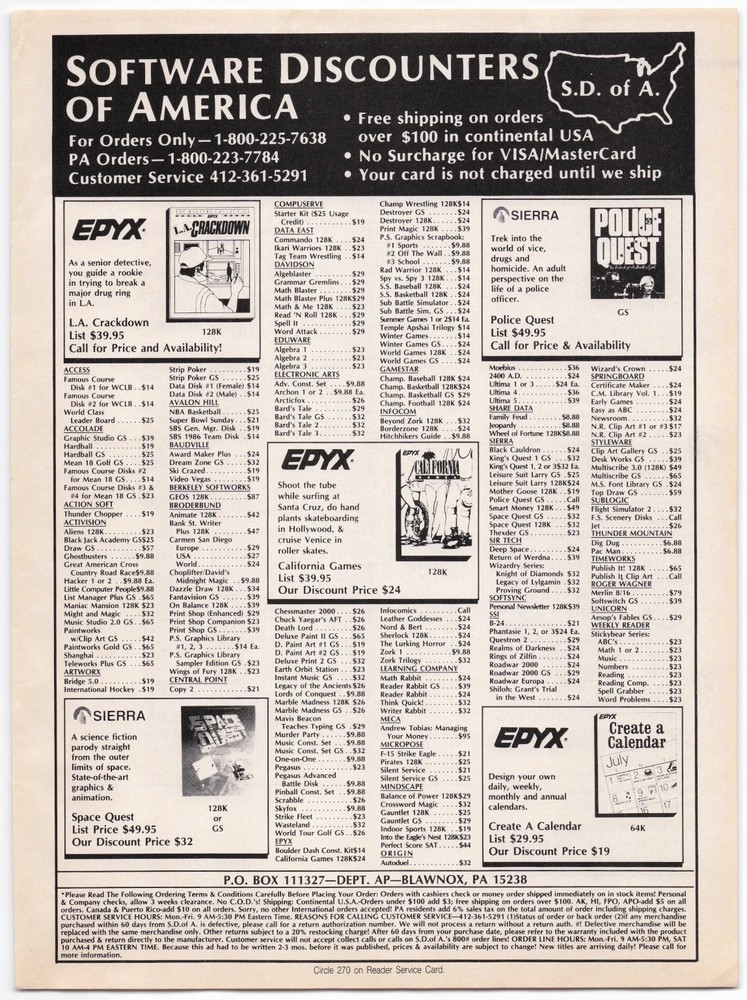 Software Discounts of America Magazine Ad 1988 Epyx Sierra Online 1980s Retro PC
