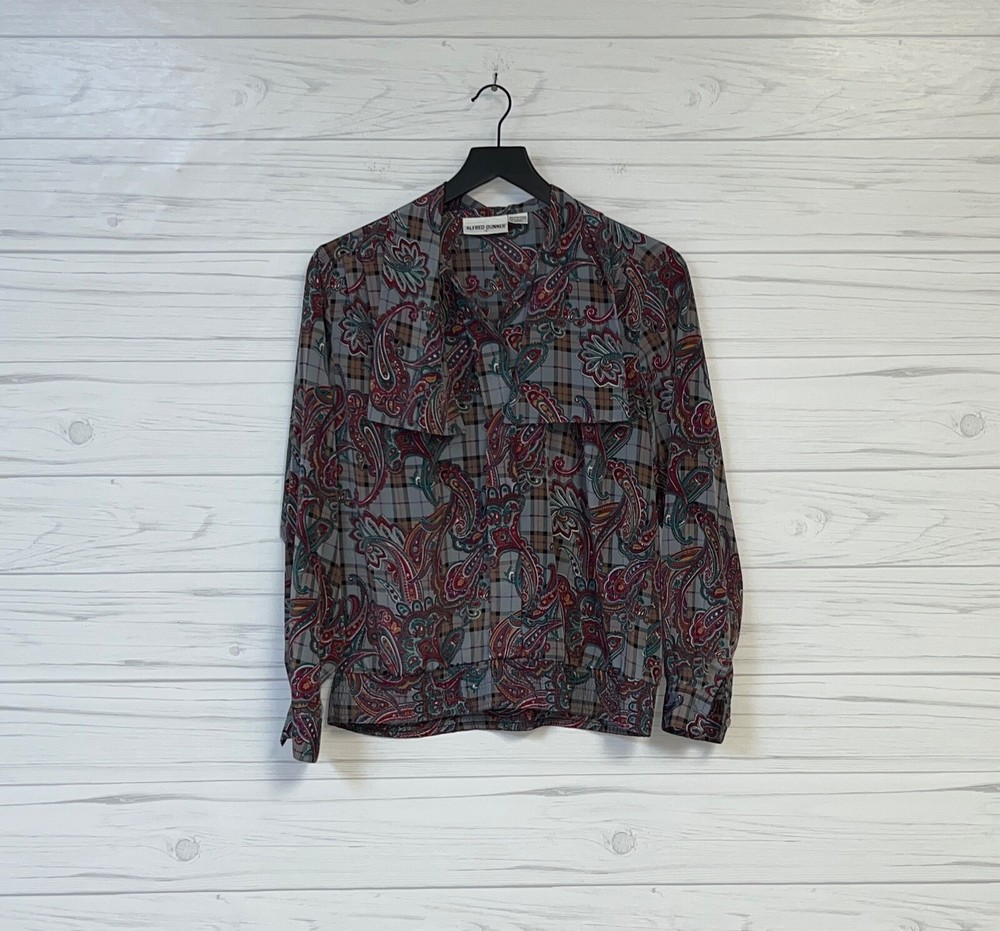 Alfred Dunner top womens size 8 button up long sleeve shirt paisley blue