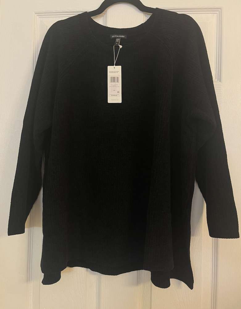 NWT $298 Eileen Fisher Black Organic Cotton Crew Neck Sweater XL  1X 3X 2X