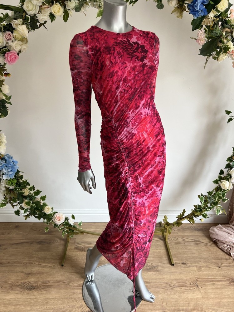 TED BAKER Midi Dress Womens TB 2 UK 10 Pink Floral Mesh Lined Ruched Long Sleeve