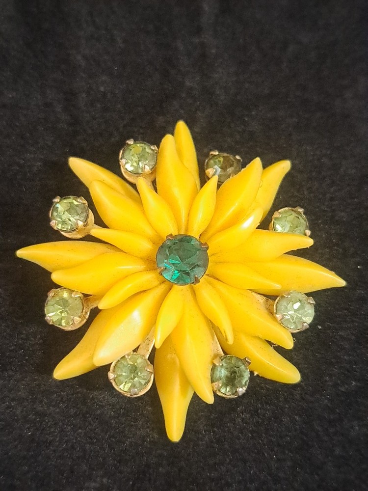 Vintage Yellow Plastic And Green Rhinestone Flower Brooch Pin