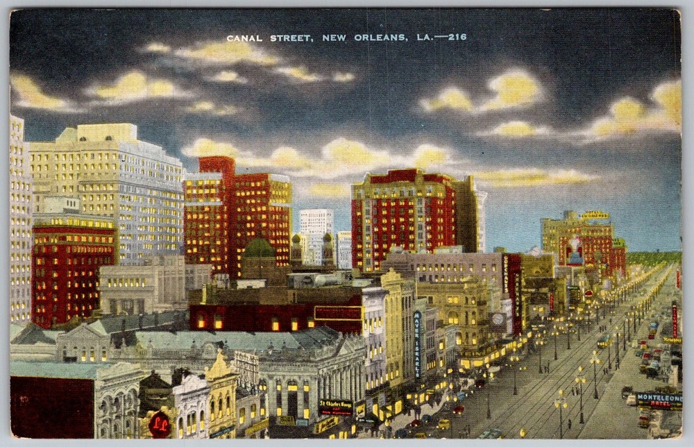 Vtg Linen Postcard Canal Street Night View New Orleans, LA 1930s