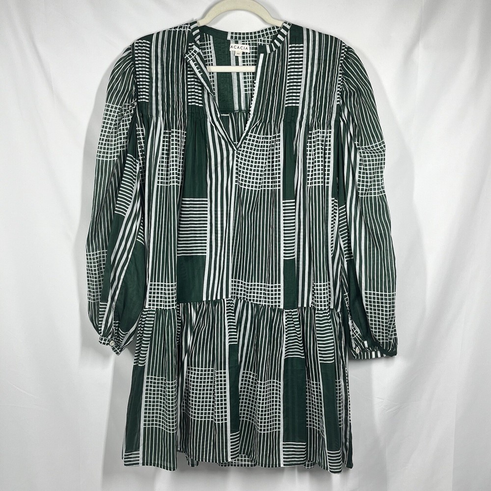 Acacia Frida Dress S Oversized Green White Stripe Patchwork Lagenlook Boho $229-image