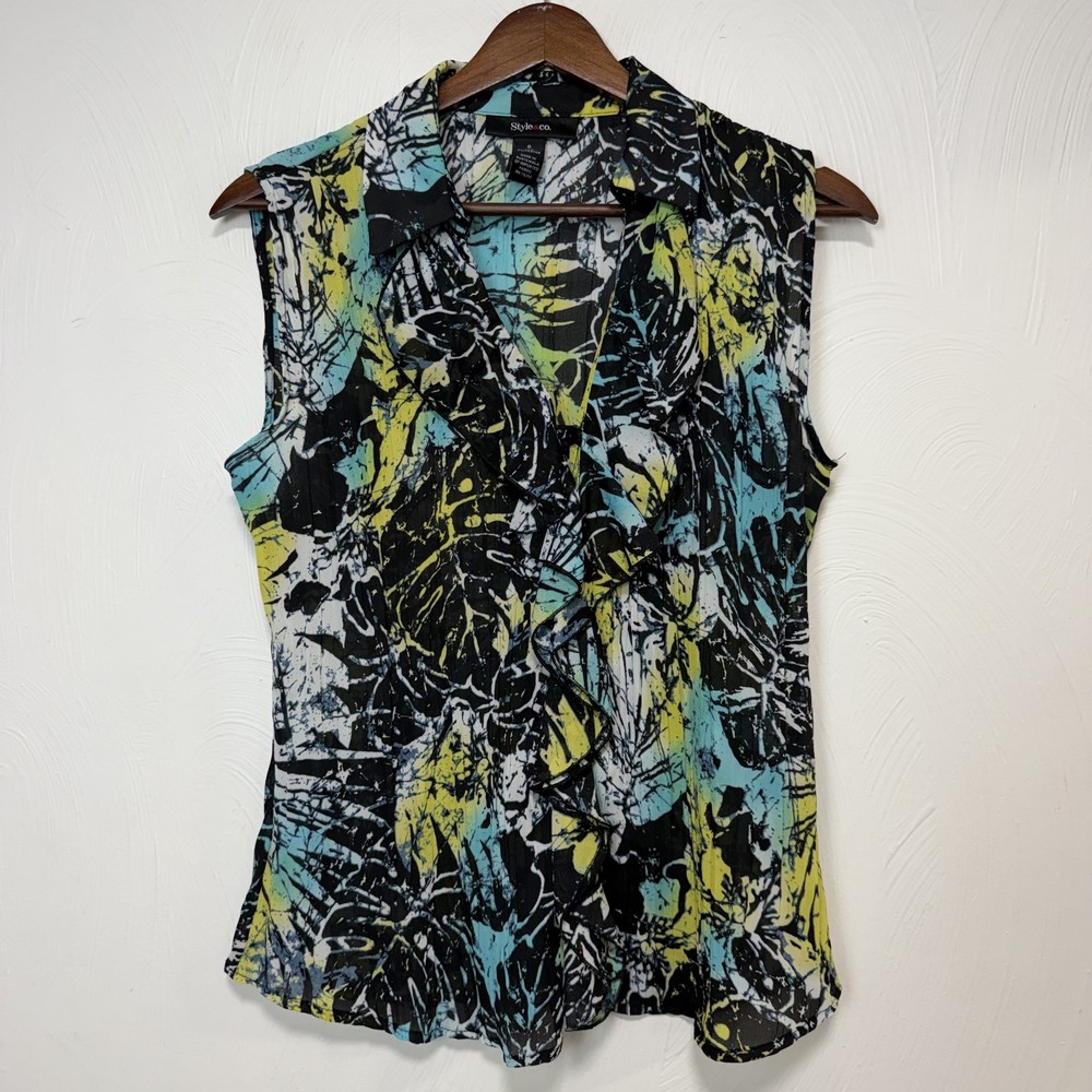 Style & Co Women's Multicolor Bright Sleeveless Collared Blouse Top Size Small
