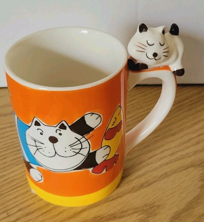 Indra Fine Stoneware Hand Painted Mug 3D B&W Cat handle Coffee Cocoa Cup Orange