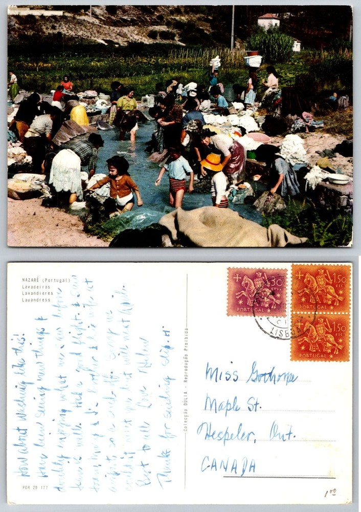 Nazaré Portugal Lavadeiras Laundresses Vintage Postcard Lisbon Postmark 1960s