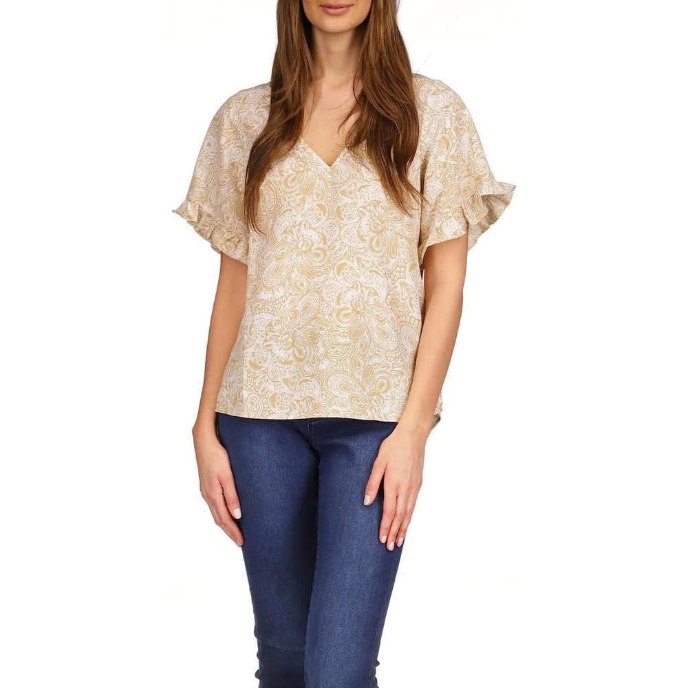 Michael Kors Women Beige Paisley Satin Boho Casual Ruffle Sleeve Top Size M