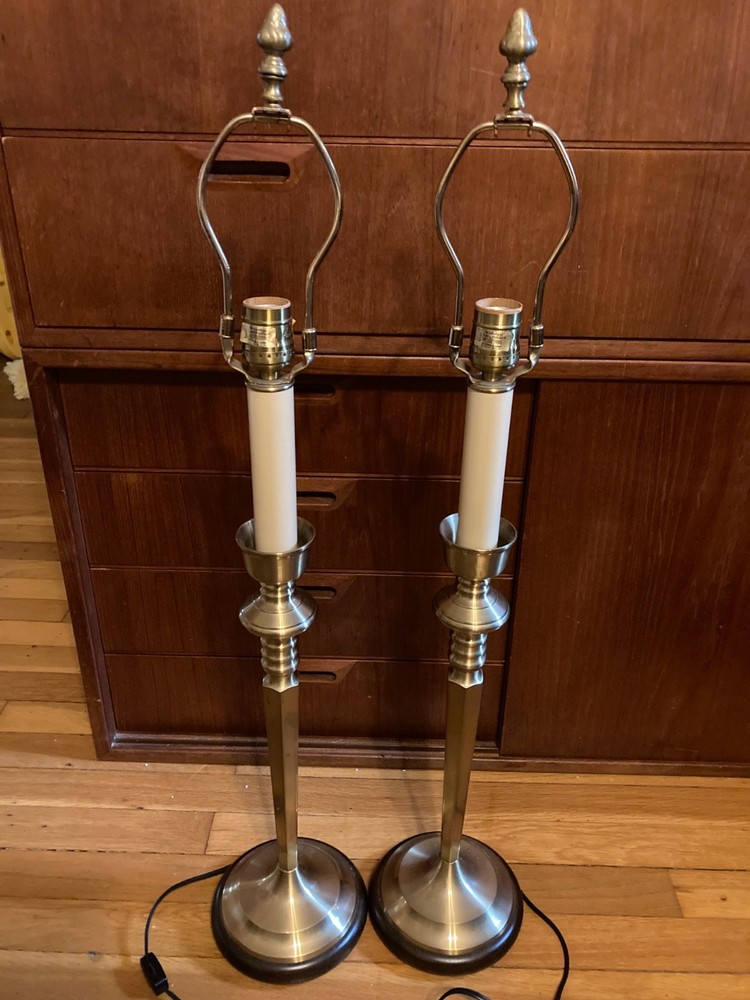 Vintage Pair Hollywood Regency Wildwood Brass w/ Wooden Base Candle Stick Lamps