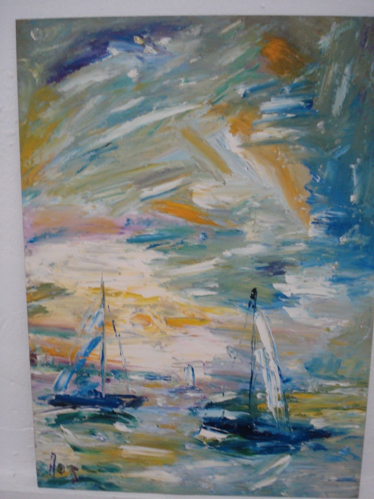 50x70cm Abstract Oil Painting Sailboats Signed Jos Mid-20th Century JHD-AG670-image