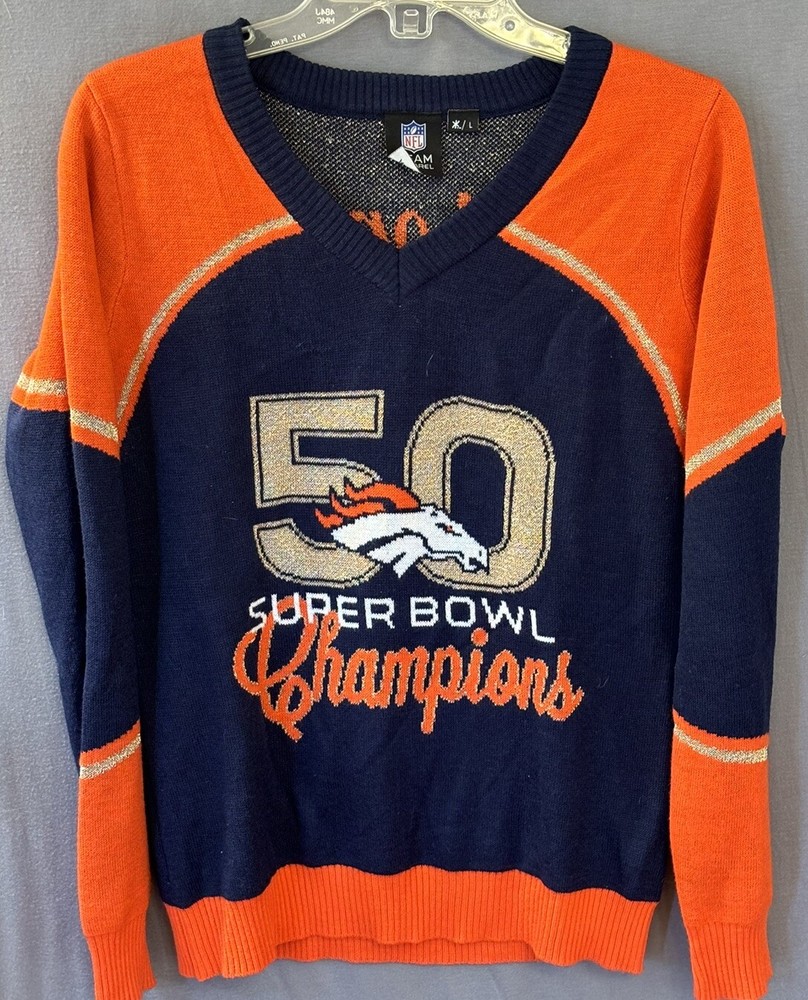 Team Apparel Denver Broncos Sweater Women's L Super Bowl 50 Champions V Neck