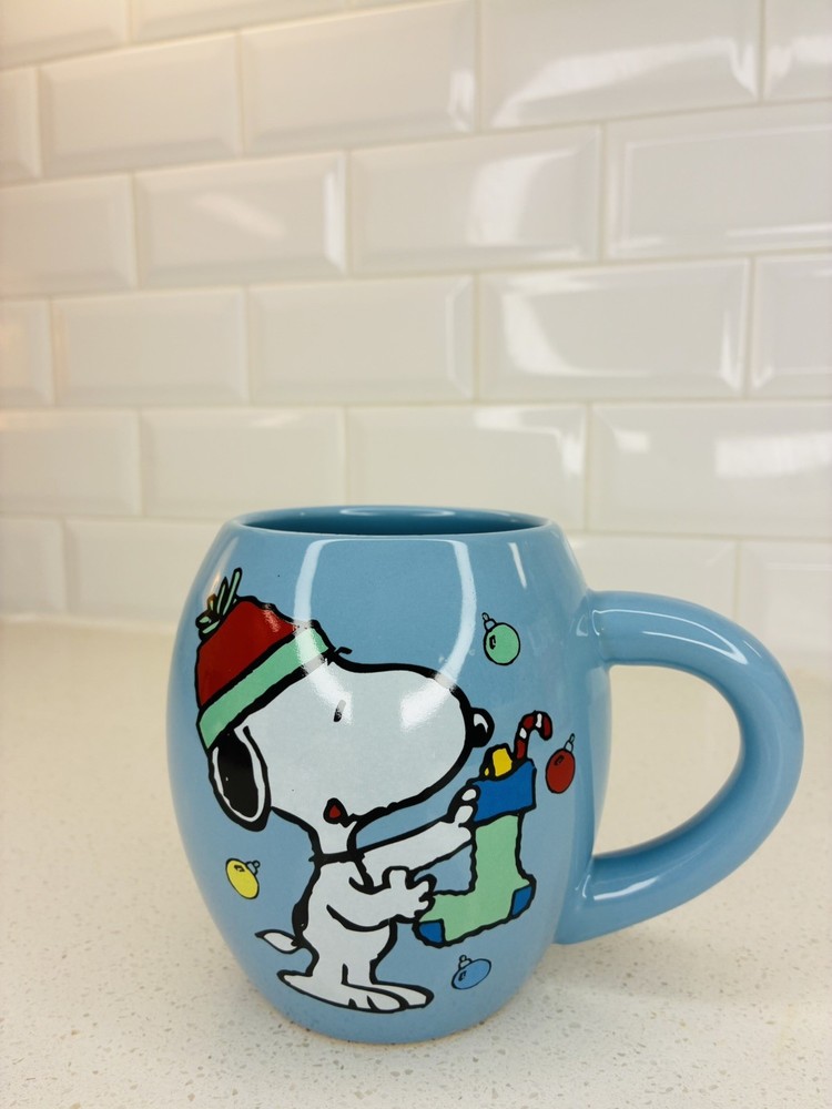 Peanuts Coffee Mug, Cup, Snoopy Woodstock Blue Mug “I Love The Holidays Season”