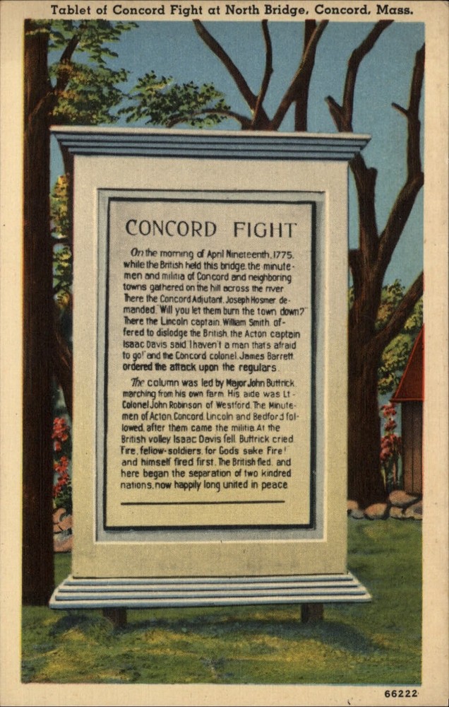Concord Massachusetts ~ Concord Fight Tablet ~ at North Bridge ~ linen postcard