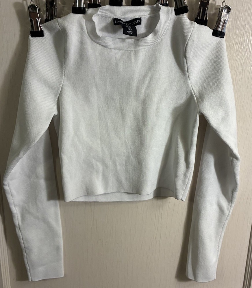 Sincerely Jules White Knit Crop Top Sweater Women's Size Small Long Sleeve Crew