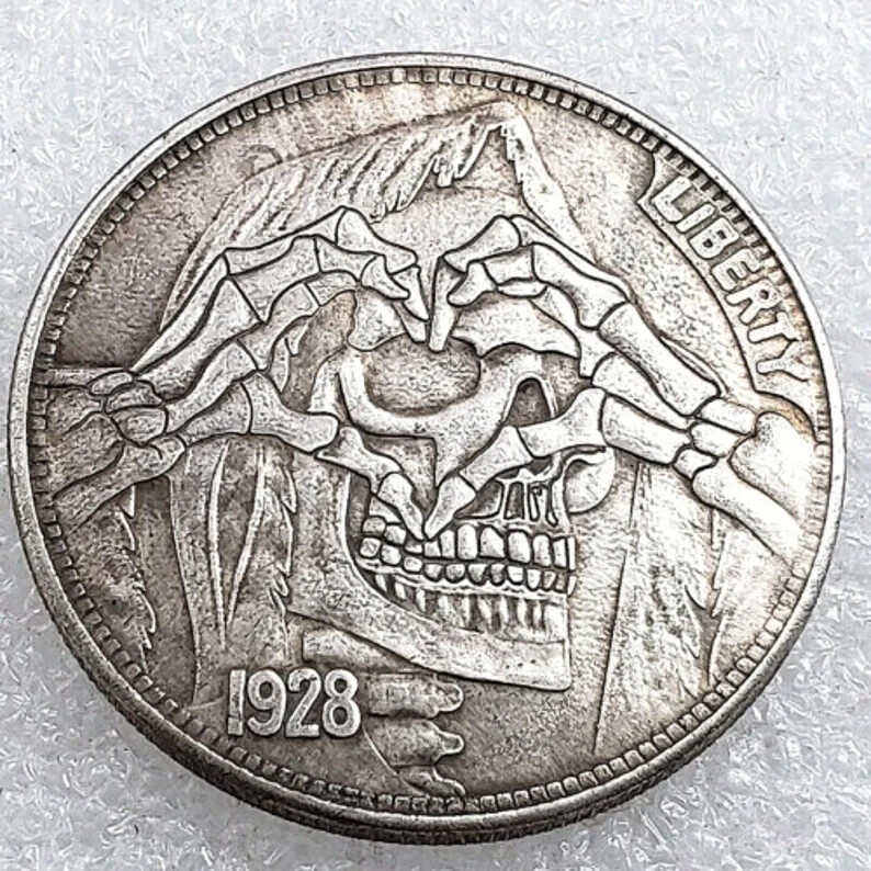 1928 Skeleton Skull With Hands Sign Heart Hobo Nickel Coin, Abstract Art Craft-image