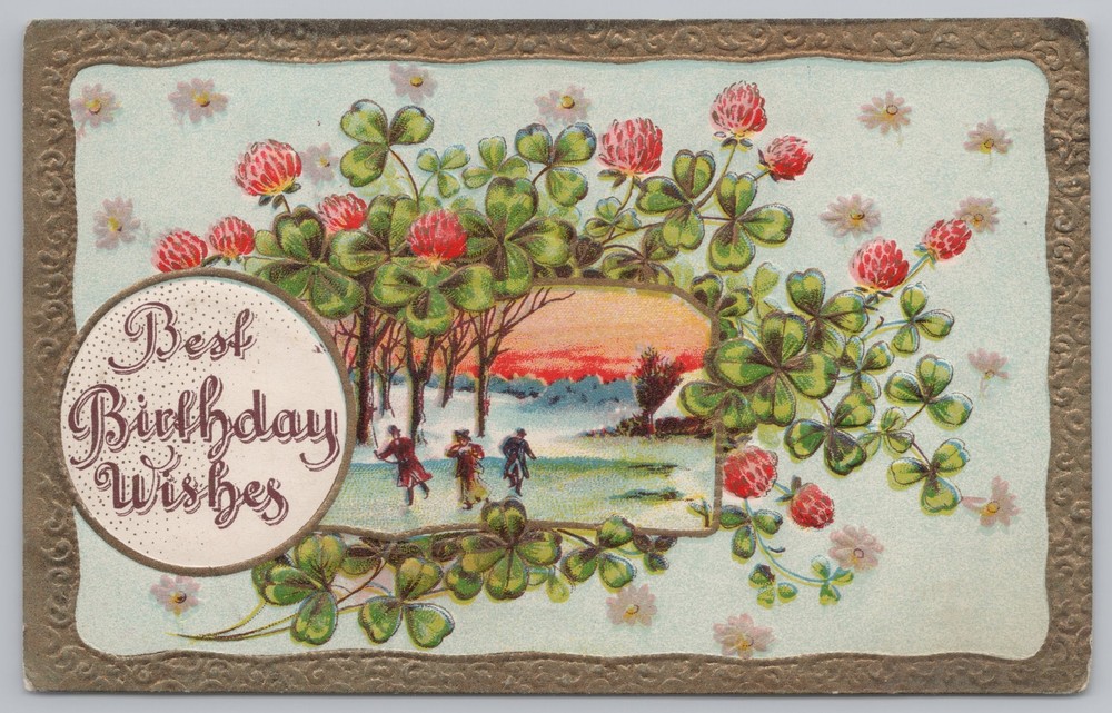 Greetings~Clovers Red Flowers & Best Birthday Wishes~Vintage Postcard