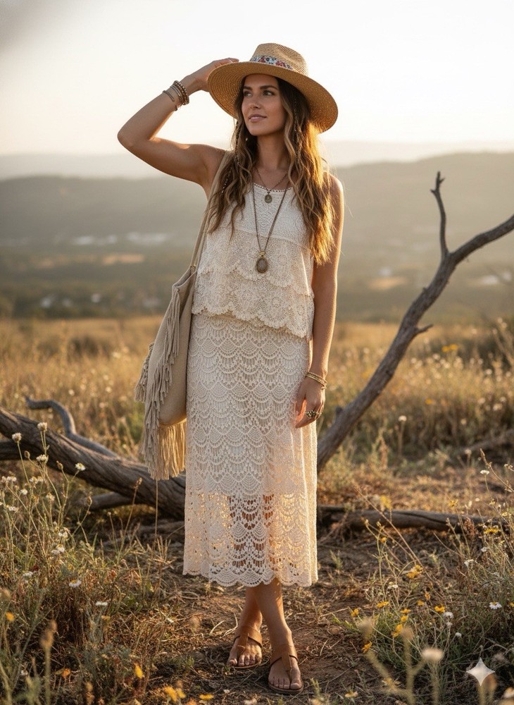Women's Boho Crochet Lace 2pc Skirt Set M Ivory Romantic Cottage core Hippie