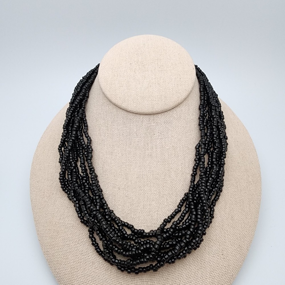 Vtg Trifari Black Seed Bead Torsade Multi Strand Gold Tone Necklace Signed 16