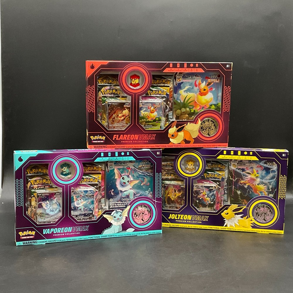 Lot of (3) Pokemon TCG Vaporeon Flareon Jolteon VMAX Premium Collection BoxesPROBSTEIN is actively accepting consignments !!