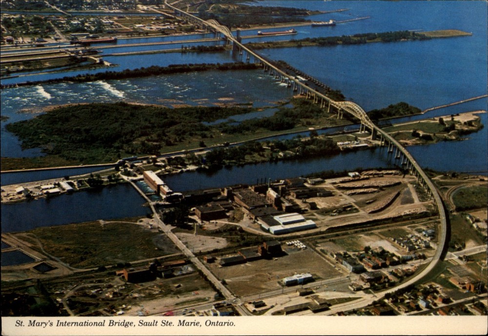 St Marys International Bridge Sault Ste Marie Ontario Aerial vtg postcard c511