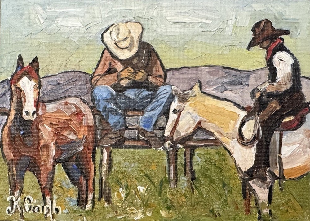 ORIGINAL OIL PAINTING WESTERN COWBOYS LANDSCAPE ON STRETCH CANVAS 5x7