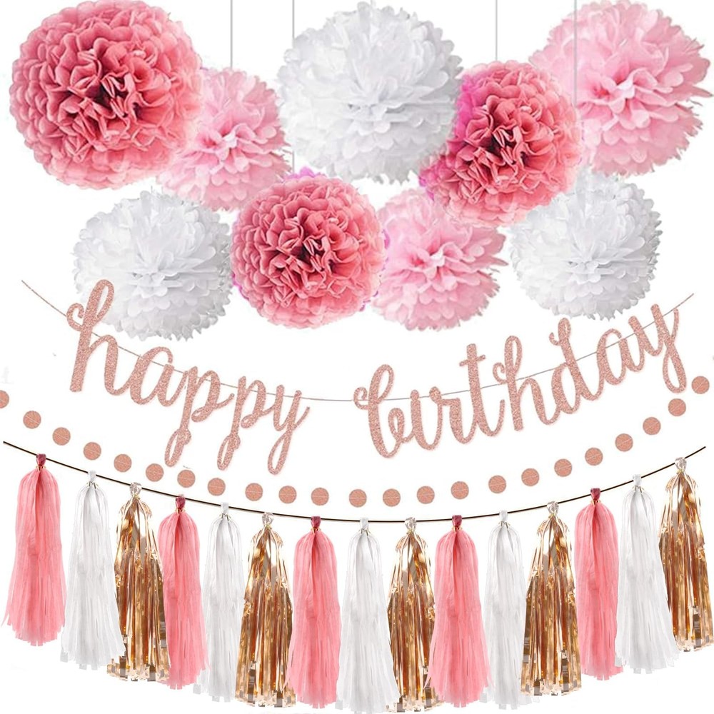 Pink Rose Gold Birthday Party Decorations Set Glittery Happy Birthday banner New