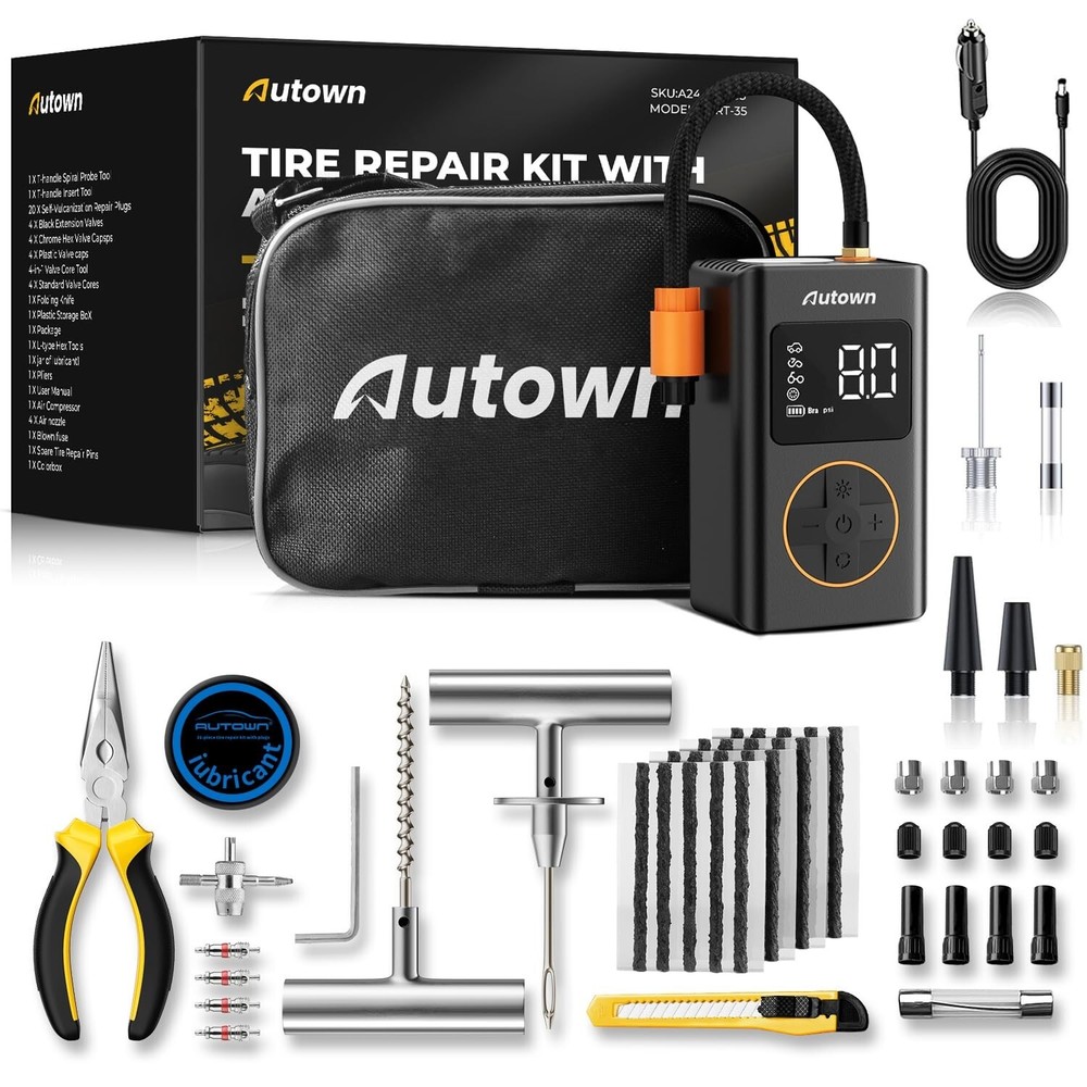 Flat Tire Repair Kit with Air Compressor 54 Pieces for Car, Motorcycle, ATV, ...