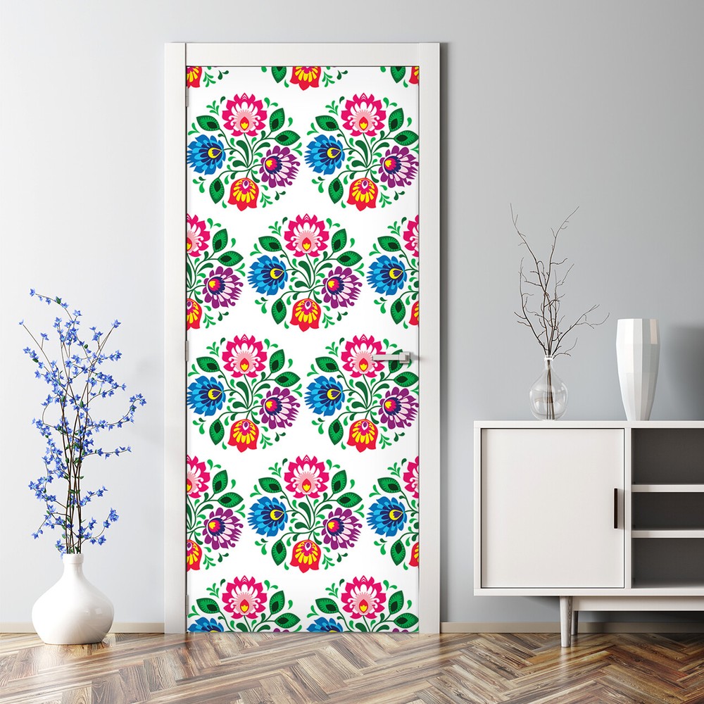 Traditional floral self-adhesive Colourful blue and pink Door Decal photo mural
