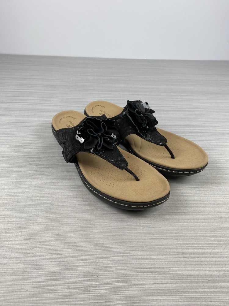 Clarks Laurieann Gema Black Leather Thong Sandal Size 7.5 Ultra Comfort