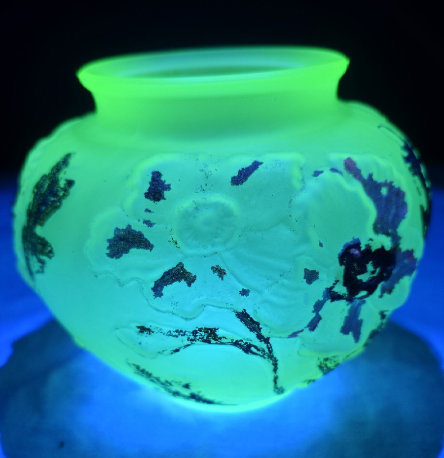 Antique Uranium Glass Floral Rose Bowl Satin Frosted UV Glow Vase