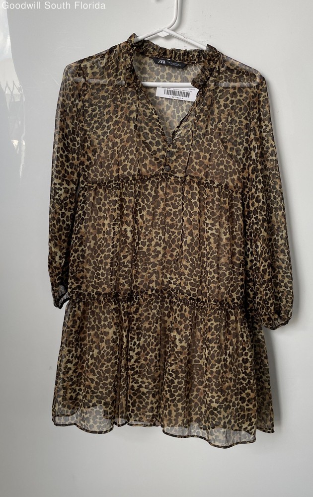 Zara Womens Multicolor Animal Print Tiered Ruffle 3/4 Sleeve Mini Dress Size XS