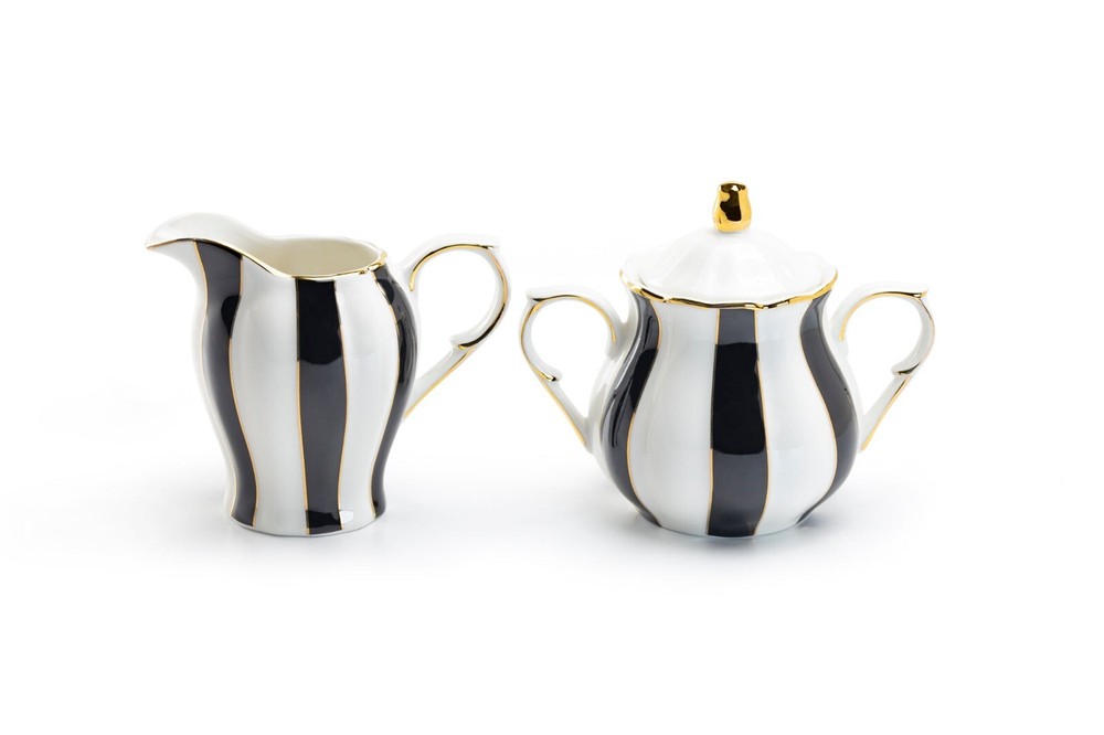 Grace Teaware Black and White Scallop Fine Porcelain Sugar & Creamer Set Gold