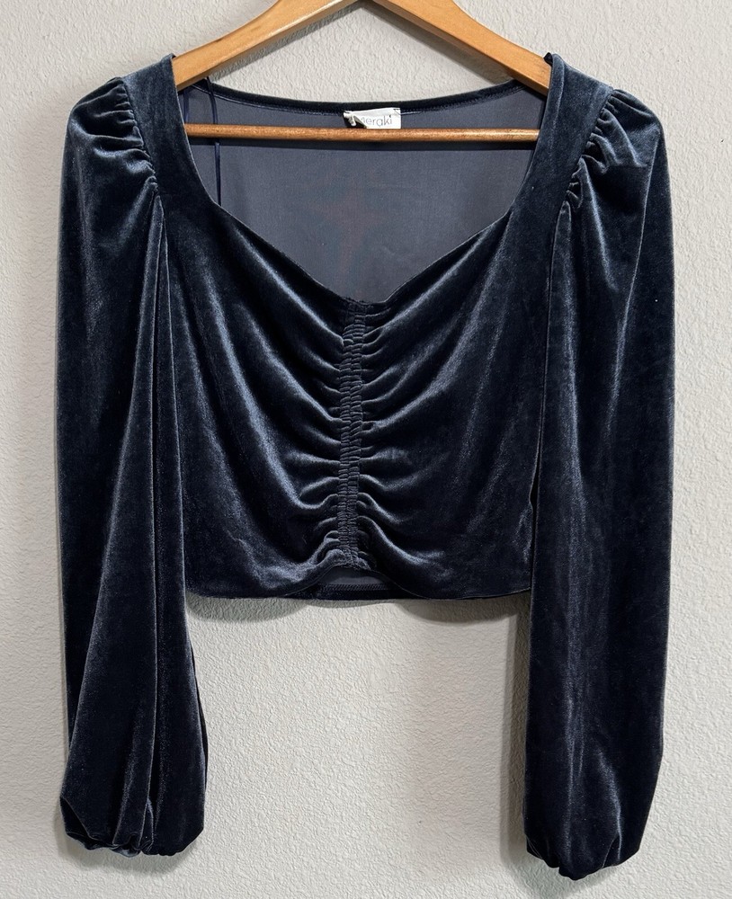 Meraki Women’s M Crushed Velvet Crop Top Shirt Blue Grey Metallic Steampunk