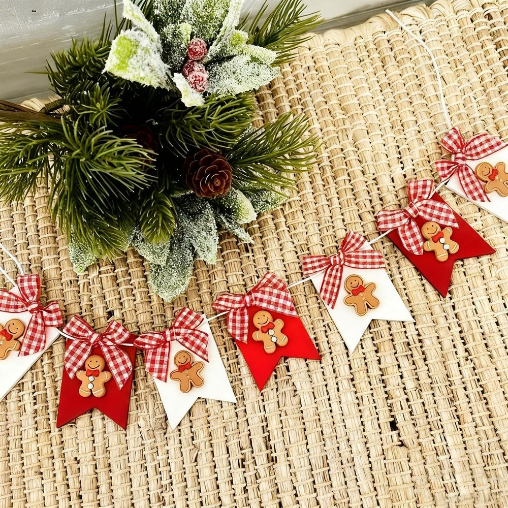 Gingerbread Man Banner Christmas Hanging Wood Garland with Ribbon Bows Christ...
