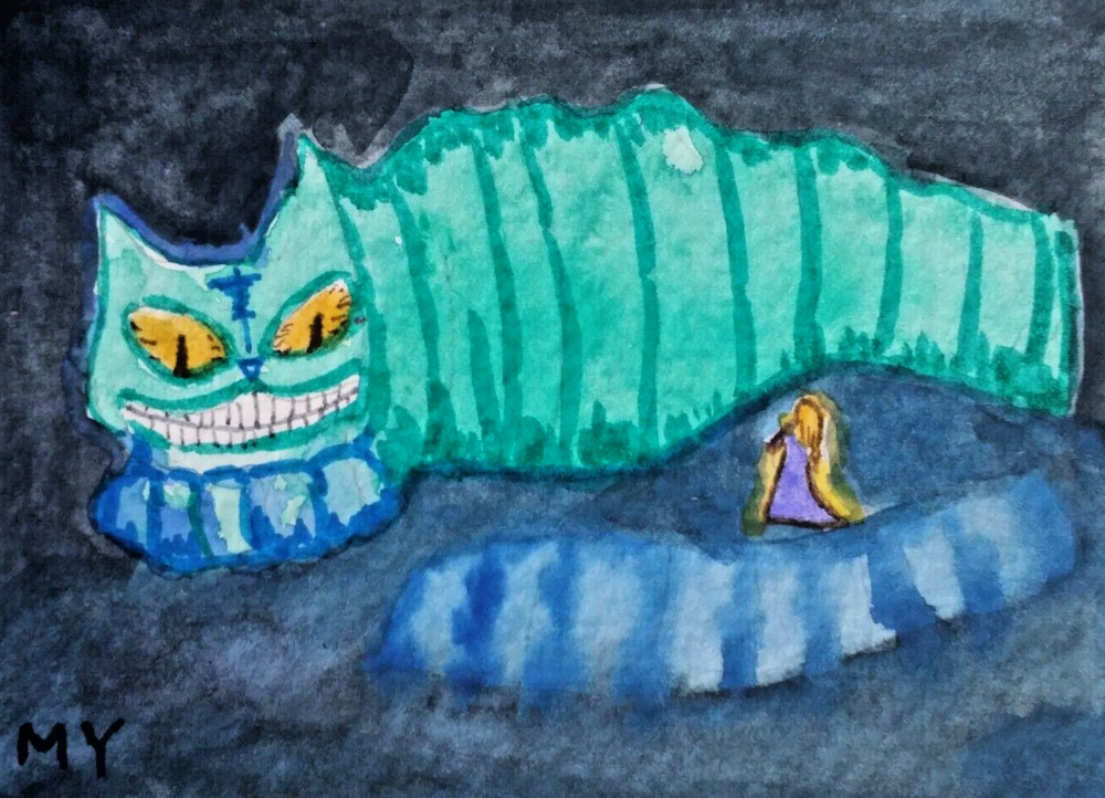 ACEO Original Alice & Cat Watercolor 2.5 x 3.5 Signed by MY