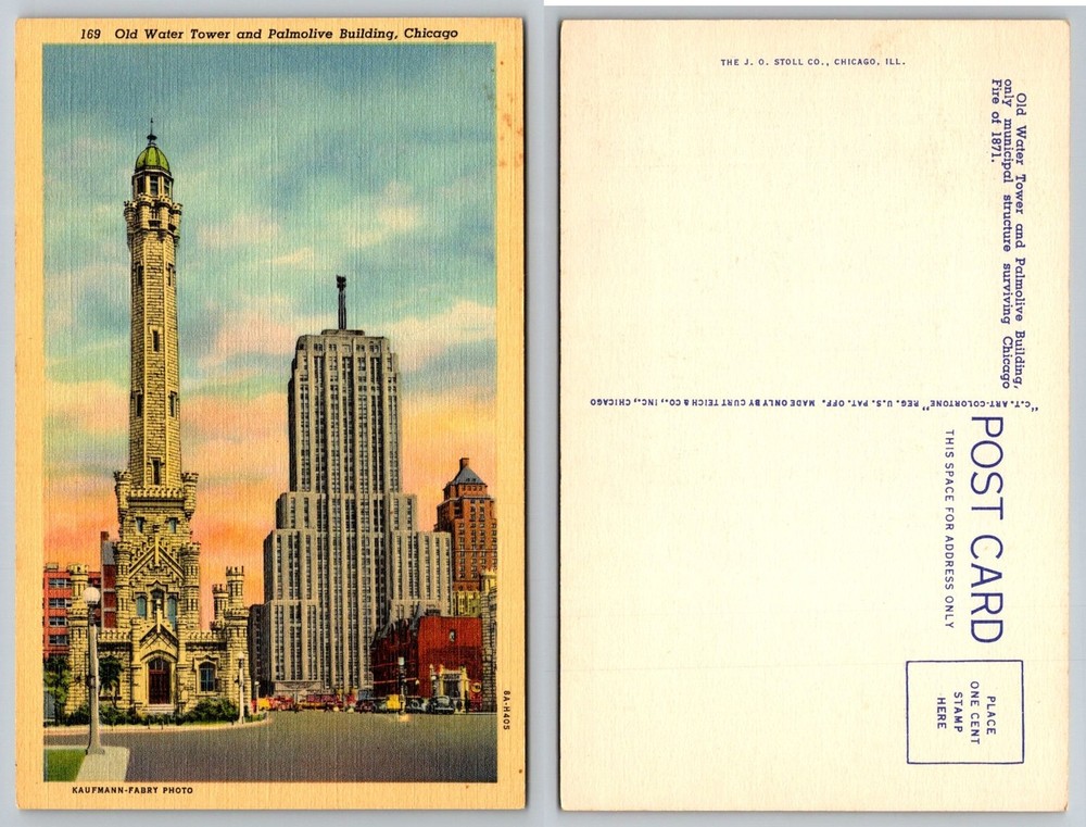Chicago Old Water Tower Palmolive Building Linen Postcard 1930s Art Deco